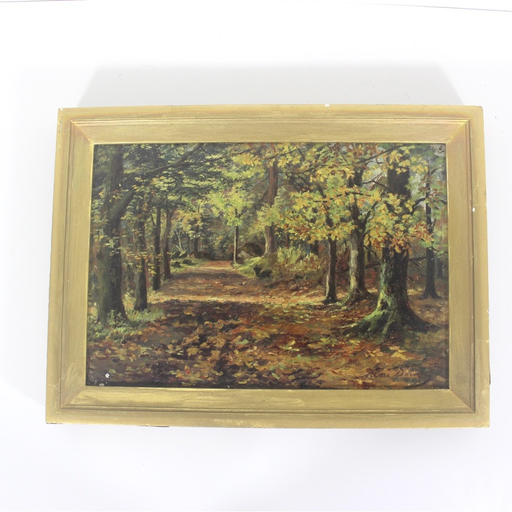 Antique Signed Oil Painting Impressionist Fall Landscape with Trees and Laneway